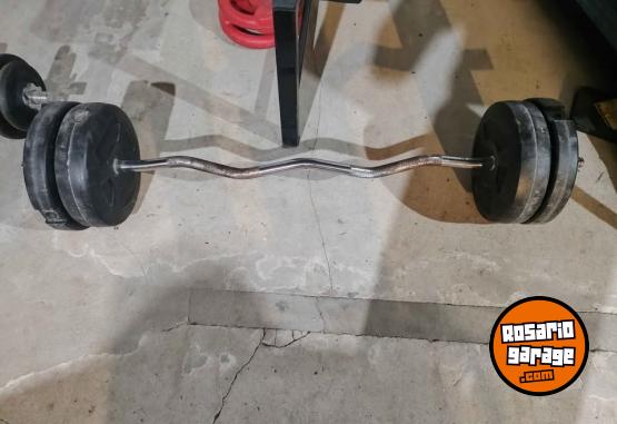 Deportes - Banco de pecho+ barra 2,20+ barra ew con 100kg de peso en discos - En Venta