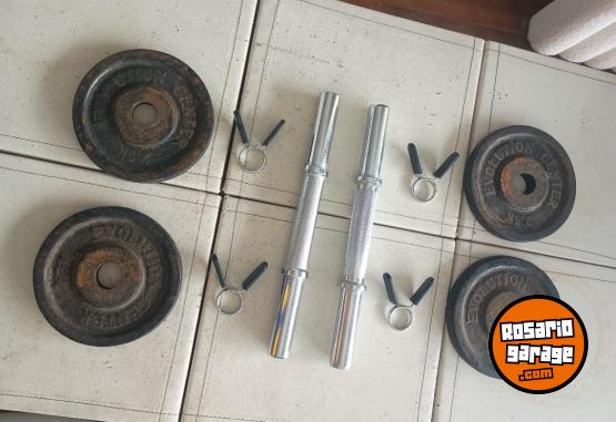 Deportes - Excelente Par de Mancuernas Macizas con Topes y 10 Kg de Discos de Fundición - En Venta